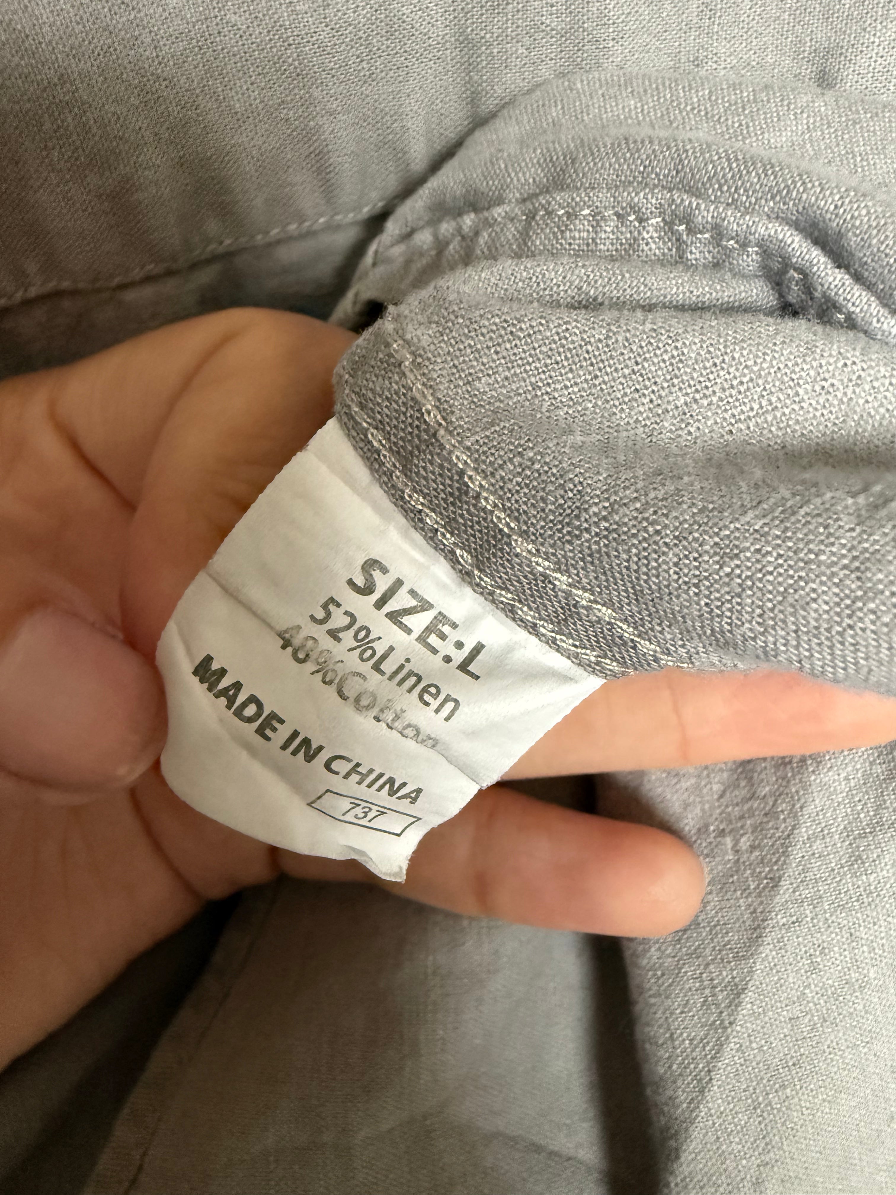 Men's Grey Linen Blend Button-Down Shirt Size L